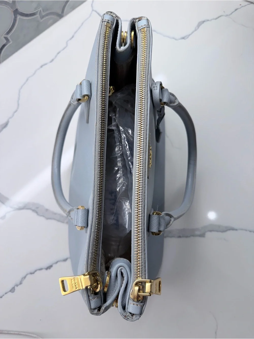 Prada Light Blue Saffiano Leather Tote with Gold Hardware